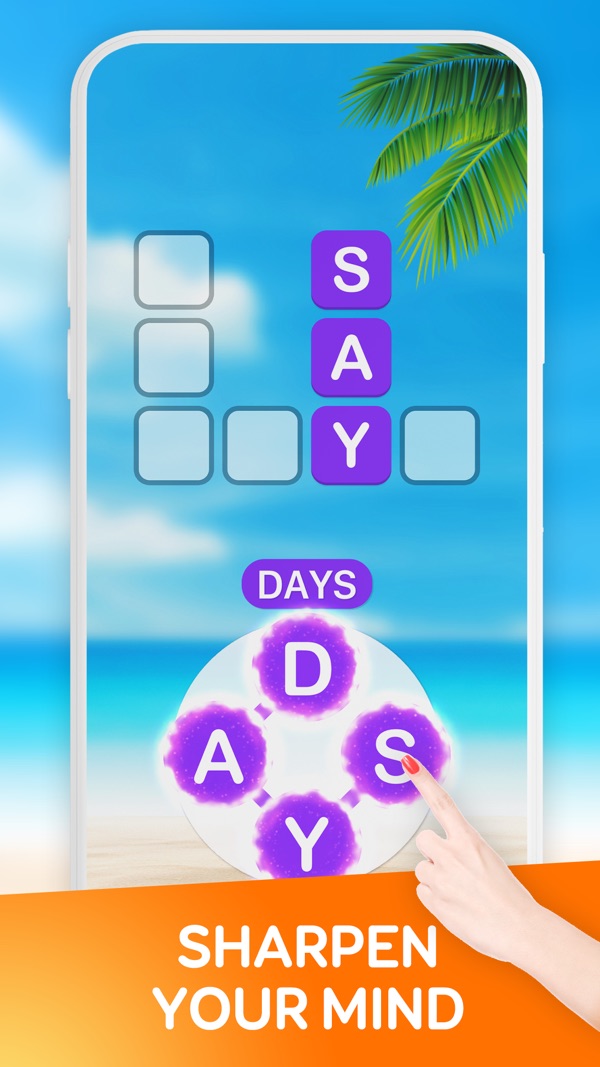Word Games crossword puzzle with a beach landscape and letters to connect